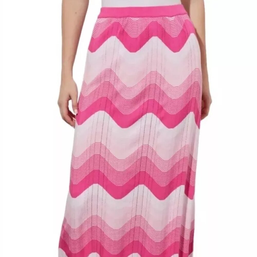 Ming Wang Midi Pencil Skirt Size 2XS Pink Chevron Knit Scalloped Hem Lined